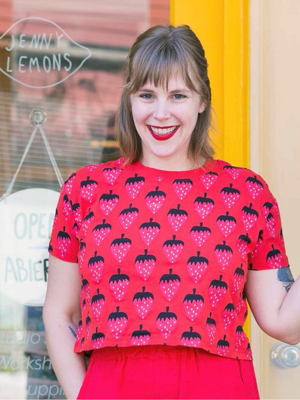Jenny lemons Women’s Red Strawberry Print Crop Tee